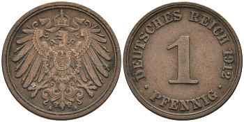 Германия 1 пфенниг 1912 A KM 10, J. 10 медь 4576-228