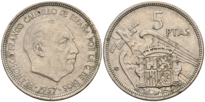 Испания 5 песет 1957 (74) Франсиско Франко (1939 - 1975) KM 786 медно-никель 4155-615
