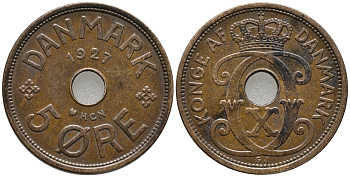 Дания 5 эре 1927 HCN, Кристиан X (1912-1947) KM 828 бронза 32-1032