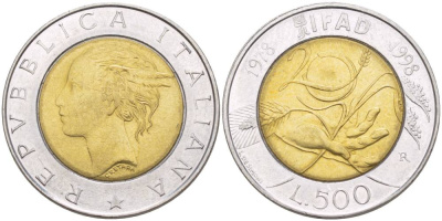 Италия 500 лир 1998 R, 20 лет программе FAO KM 193 биметалл 4551-557