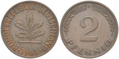 ФРГ 2 пфеннига 1965 D KM 106 бронза 4613-1217