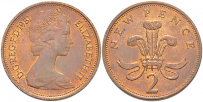 Великобритания 2 пенса 1981 Елизавета II (1952-2022) KM 916, Spink 4235 (C1) бронза UNC 77-147