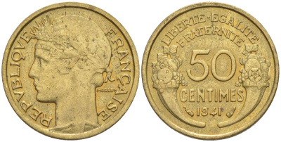 ФРАНЦИЯ 50 САНТИМОВ 1941 ТИП MORLON KM 894.1, LE FRANC 192.18 алюминиевая бронза 44-634