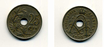 Бельгия 25 сантимов 1922 Belgie, Альберт I (1909-1934) KM 69 медно-никель 41-645