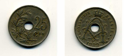 Бельгия 25 сантимов 1922 Belgie, Альберт I (1909-1934) KM 69 медно-никель 41-645