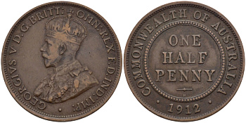 Австралия 1/2 пенни 1912 H, Георг V (1910-1936) KM 22 бронза 67-1212