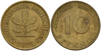 ФРГ 10 пфеннигов 1971 J J. 383, KM 108 сталь плакированная латунью    4603-354
