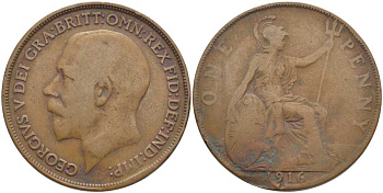 Великобритания 1 пенни 1916 Георг V (1910-1936) KM 810, Spink 4051 бронза 3460-741