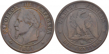 Франция 10 сантимов 1861 BB, Наполеон III (1852-1870) KM 798.2, Le Franc 134.3 бронза 114-725