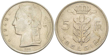 Бельгия 5 франков 1949 Belgie, Леопольд III (1934-1951) KM 135.1 медно-никель 202-1146