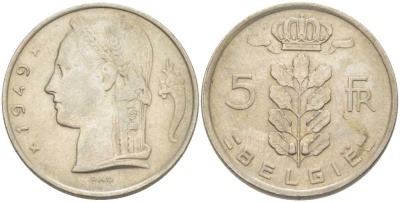 Бельгия 5 франков 1949 Belgie, Леопольд III (1934-1951) KM 135.1 медно-никель 202-1146