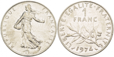 ФРАНЦИЯ 1 ФРАНК 1974 СЕЯТЕЛЬ KM 925.1 никель 4402-1123