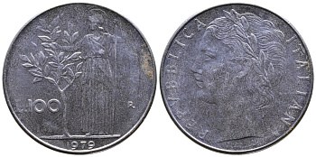 Италия 100 лир 1979 R, Афина в доспехах KM 96.1 нержавеющая сталь 4382-225