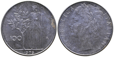 Италия 100 лир 1979 R, Афина в доспехах KM 96.1 нержавеющая сталь 4382-225