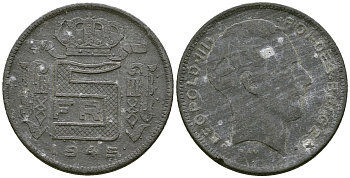 Бельгия 5 франков 1945 Belges, Леопольд III (1934-1947), германская оккупация KM 129.1 цинк 4177-1052