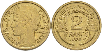 Франция 2 франка 1938 тип Морлон KM 886, Le Franc 268.11 алюминиевая бронза 3460-546