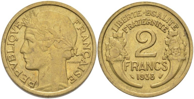 Франция 2 франка 1938 тип Морлон KM 886, Le Franc 268.11 алюминиевая бронза 3460-546