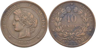 Франция 10 сантимов 1891 A, Третья Республика (1871-1940) KM 815.1, Le Franc 135.36 бронза 3460-934