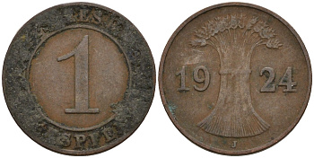 Германия 1 рейхспфенниг 1924 J KM 37, J. 313 бронза 4516-251