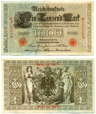 Германия 1000 марок 1910 21 апреля 1910, Буква R, номер семизначный, серия K, выпуск (08.1922) Pick 44b, Розенберг 45с бумага 8618-12-1-1