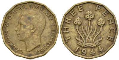 Великобритания 3 пенса 1944 Георг VI (1936-1952) KM 849, Spink 4112 никель латунь 190-644
