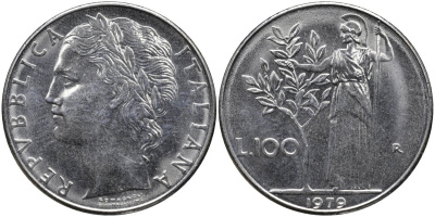 Италия 100 лир 1979 R, Афина в доспехах KM 96.1 нержавеющая сталь 4165-233
