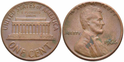 США 1 ЦЕНТ 1966 ЛИНКОЛЬН KM 201 медь цинк 112-418