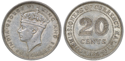 Британская Малайя 20 центов 1939 Георг VI (1937-1952) KM 5 серебро 53-413