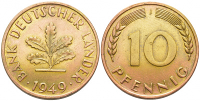 ФРГ 10 ПФЕННИГОВ 1949 J KM 103, J.378 сталь плакированная латунью 4127-623
