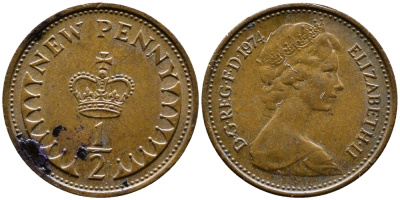 Великобритания 1/2 пенни 1974 Елизавета II (1952-2022) KM 914, Spink 4239 бронза 4387-655