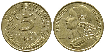 Франция 5 сантимов 1986 тип Марианна KM 933 медь алюминий никель 4679-963