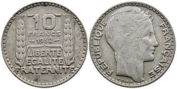 Франция 10 франков 1932 Пьер Тюрен KM 878, Le Franc 360.5 серебро 4683-1045