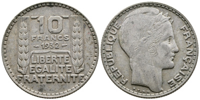 Франция 10 франков 1932 Пьер Тюрен KM 878, Le Franc 360.5 серебро 4683-1045