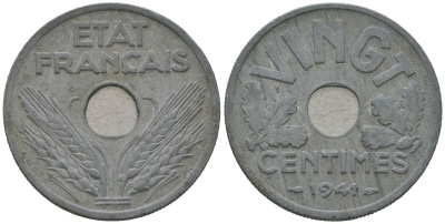 Франция 20 сантиов 1941 KM 899, Le Franc 152 цинк 4584-422