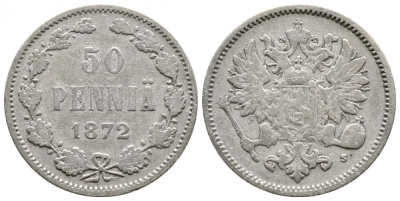 Россия для Финляндии 50 пенни 1872 S, Александр II (1855-1881) KM 2.2, Биткин 638 серебро 413-4025