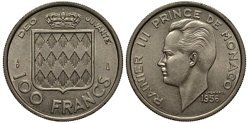 Монако 100 франков 1956 Ренье III (1949-2005) KM 134 медно-никель UNC 1515-422