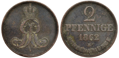 Брауншвейг-Каленберг-Ганновер 2 пфеннига 1862 B, Георг V (1851-1866) KM 234, AKS 153, J. 91 медь 4142-356