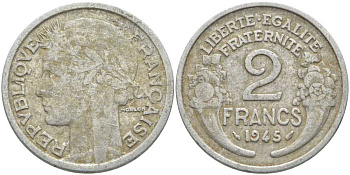 Франция 2 франка 1945 KM 886a.1, LE FRANC 269.5 алюминий 4112-624