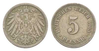 Германия 5 пфеннигов 1903 A, Вильгельм II (1888-1918) KM 11, J. 12 медно-никель 4647-859