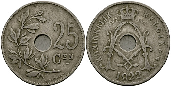 Бельгия 25 сантимов 1922 Belgie, Альберт I (1909-1934) KM 69 медно-никель 4165-826