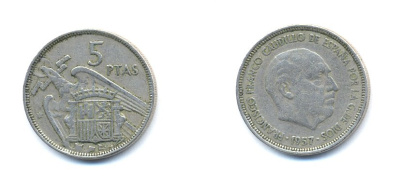 ИСПАНИЯ 5 ПЕСЕТ 1957 ФРАНСИСКО ФРАНКО ДИКТАТОР ИСПАНИИ (1939-1975) KM 786 медно-никель 54-1245