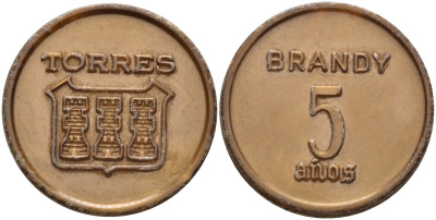 Испания рекламный жетон ND TORRES, BRNDY 5 ANOS, диаметр 25 мм., коричневый пластик 4584-855