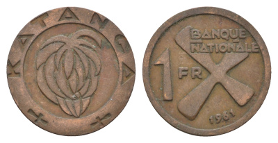 Катанга 1 франк 1961 Заир, балубский крест, связка бананов KM 1 бронза 36-427
