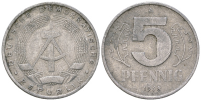 ГДР 5 пфеннигов 1968 A KM 9.1 алюминий 4625-622