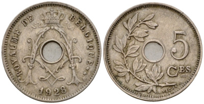Бельгия 5 сантимов 1928 Belgie KM 67 медно-никель 4548-616