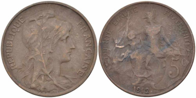 ФРАНЦИЯ 5 САНТИМОВ 1912 ТИП ДАНИЭЛЬ ДЮПЮИ KM 842, LE FRANC 119.24 бронза 108-937