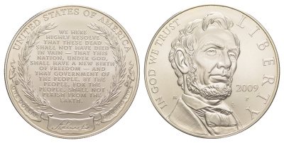 США 1 доллар 2009 P, 200 лет со дня рождения Авраама Линкольна KM 454 серебро  UNC  1079-5-53