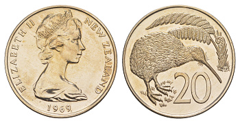 Новая Зеландия 20 центов 1969 Елизавета II (1952-2022), птичка киви, тираж 50.000 экземпляров KM 36 медно-никель BU 4112-435