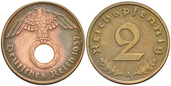 ГЕРМАНИЯ 2 РЕЙХСПФЕННИГА 1937 A KM 90, J. 362 бронза 261-846