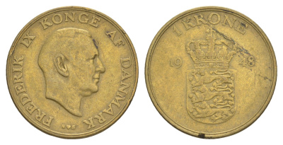 Дания 1 крона 1948 N, Фредерик IX (1947-1972) KM 837 алюминиевая бронза 4638-714